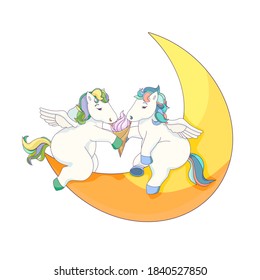 Cartoon Pegasus are in love sitting on the Crescent Moon with ice cream on isolated background, vector illustration for prints on clothes, postcards, stickers, covers, as icons for social networks.