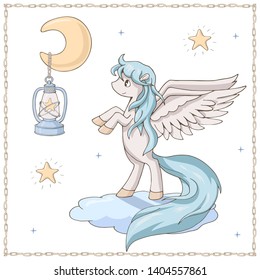 Сute cartoon pegasus on a cloud, moon and various stars. Isolated objects on white background. Decor elements for gift card and kids products. Vector illustration.
