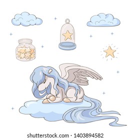 Сute cartoon pegasus on a cloud and stars in various glass jar. Isolated objects on white background. Decor elements for kids (newborn and baby) products. Print for children's sleepwear and pajamas. 