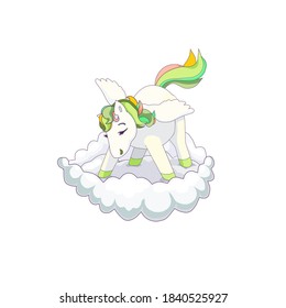 Cartoon Pegasus on a cloud on white isolated background, vector Pegasus, isolated Pegasus for prints, patterns, stickers, icons, emblems in Children’s goods field, also temporary tattoos.
