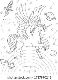 Cartoon pegasus on rainbow with stars, saturn, rocket, constellations and crescent. Vector outline for coloring book