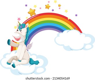 Dibujo pegasus sentado en una nube con ilustración de arco iris