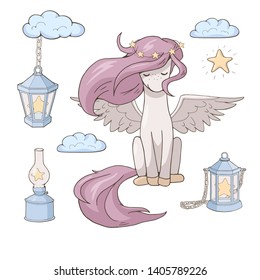 Сute cartoon pegasus and stars in various lanterns. Isolated objects on white background. Decor elements for gift card and kids products. Vector illustration.