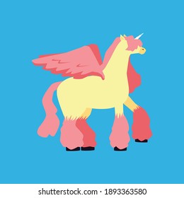 Cartoon pegasus unicorn horse with pink wings - cute fairytale pony poster. Vector illustration of fantasy character animal with puffy legs and long fringe.