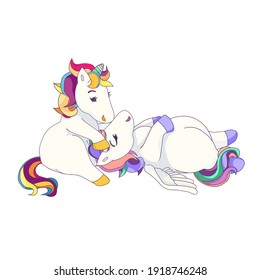 Cartoon Pegasus and Unicorn are in love on white isolated background, isolated Unicorn and Pegasus in Cartoon style, vector Magical Horses for prints, stickers, postcards, icons, for Valentine’s Day.