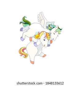 Cartoon Pegasus and Unicorn on white isolated background, vector Unicorn and Pegasus, Friendship story between cute Pegasus and Unicorn, vector stock illustration for prints, stickers and icons.