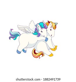 Cartoon Pegasus and Unicorn on white isolated background, vector Pegasus, isolated flying horse, Cartoon love story, vector stock illustration for Valentine’s Day, prints, stickers and icons.