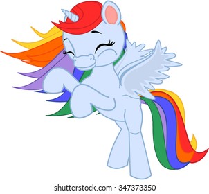 Cartoon pegazus with rainbow mane.