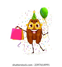 Cartoon pekan nut character on holiday and birthday. Isolated vector joyful grain celebrates party with excitement, holding balloons and gifts, with confetti around, spreading cheer and happiness