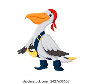 Cartoon pelican bird pirate corsair animal character. Isolated vector feathered buccaneer sailor personage donning red bandana and sword, squawks orders, searching for fishy treasures on the high seas svg