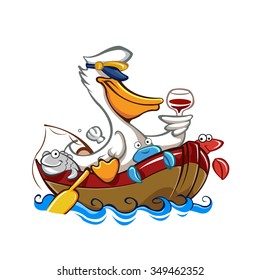 Cartoon pelican with captain's hat 