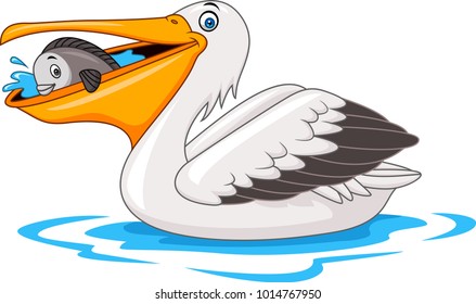 Cartoon pelican eating fish  