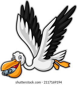 Cartoon pelican, der einen Fisch isst