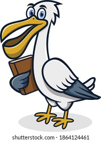 Cartoon pelican holding a book illustration