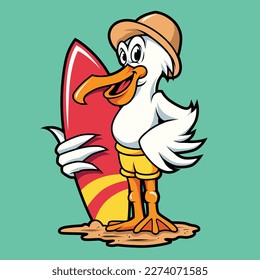 cartoon pelican holding surfboard on the beach