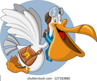 Cartoon pelican with an open big beak flying carrying a bag