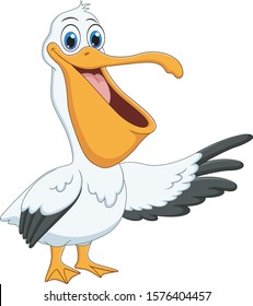 Cartoon pelican presenting with his wing