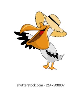 Cartoon pelican presenting with his wing