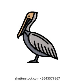 Cartoon pelican stands calmly simple white background icon
