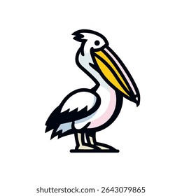 Cartoon pelican stands gracefully simple white background