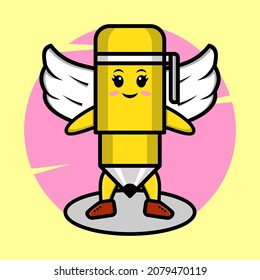 Cartoon pen character wearing wings in cute style design for t-shirt, sticker, logo element, poster