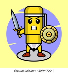 Cartoon pen mascot holding sword   shield in cute style for t  shirt  sticker  logo element
