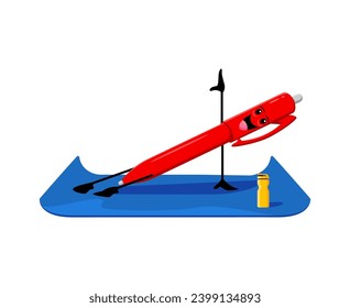 Cartoon pen school supply character on yoga fitness sport. Isolated vector friendly cartoon writing tool personage standing on one hand, striking an asana pose, promoting mindfulness and relaxation