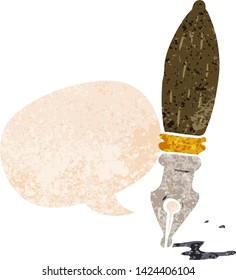 cartoon pen with speech bubble in grunge distressed retro textured style