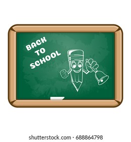 Cartoon pencil with bell and text back to school painted with chalk on a school board.