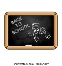 Cartoon pencil with bell and text back to school painted with chalk on a school board.