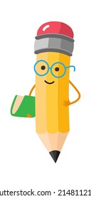 Cartoon pencil with book. Education icon. Vector illustration