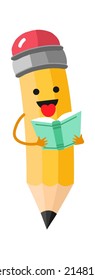 Cartoon pencil with book. Education icon. Vector illustration
