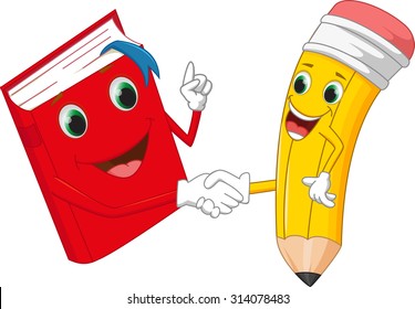 Cartoon pencil and books shaking hands