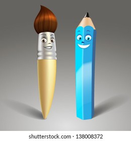 cartoon pencil and brush