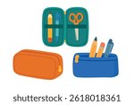Cartoon pencil case set with school stationery inside and outside. Flat vector illustration for education and kids.
