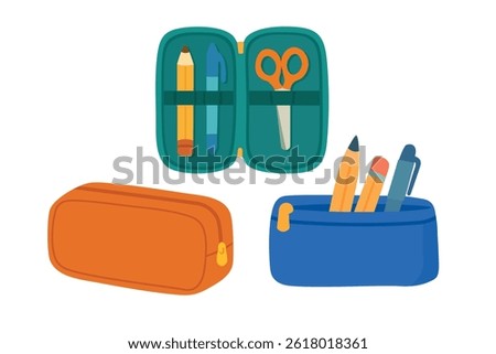 Cartoon pencil case set with school stationery inside and outside. Flat vector illustration for education and kids.
