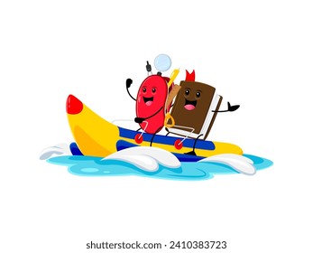 Cartoon pencil case and textbook school supply characters enjoying riding sea waves on inflatable banana attraction on summer beach vacation. Isolated vector student learning items relax on holidays