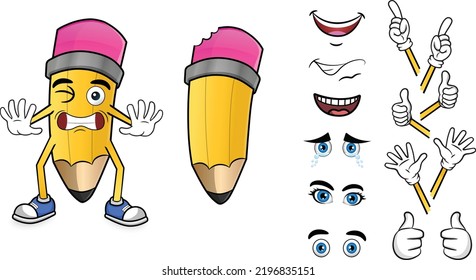 Cartoon pencil character constructor with gestures and emotions. pencil mascot s front view illustration set