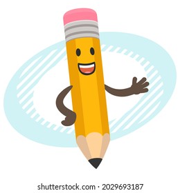 Cartoon Pencil Character explaining and pointing somewhere with his hand. Vector Illustration.