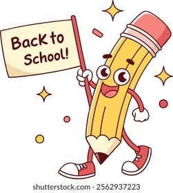 Cartoon pencil character holding sign back to school