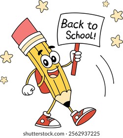 Cartoon pencil character holding sign back to school