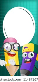Cartoon pencil characters and empty space. Offer or sale advertising design. Typed text, calligraphy. For leaflets, brochures, invitations, posters or banners.