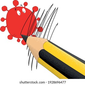 A Cartoon Pencil Cross Out A Coronavirus.