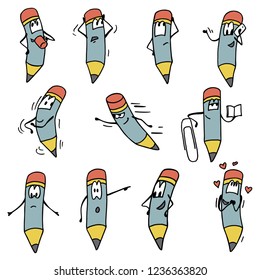 Cartoon pencil in different versions. Different emotions. Character-pencil. Vector illustration of hand drawing. Collection of objects on a white background.