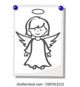 Cartoon pencil drawing on paper angel isolated on a white background. Vector cartoon close-up illustration