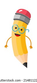 Cartoon pencil with glasses. Education icon. Vector illustration