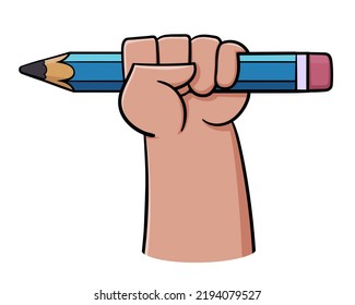 Cartoon pencil in hand. Vector illustration