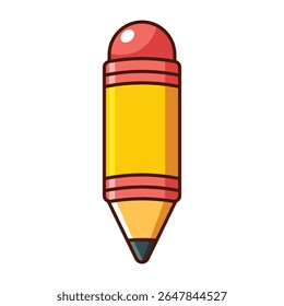 Cartoon pencil icon with red eraser and yellow body isolated on white background