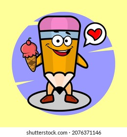 Cartoon pencil mascot holding ice cream cone cute style design for t-shirt, sticker, logo element