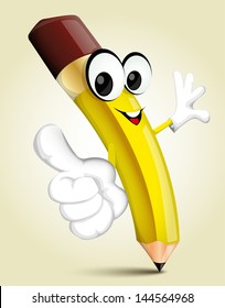 Cartoon pencil pointing with his finger